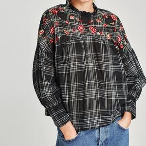 ZARA Plaid Blouse with Floral Design